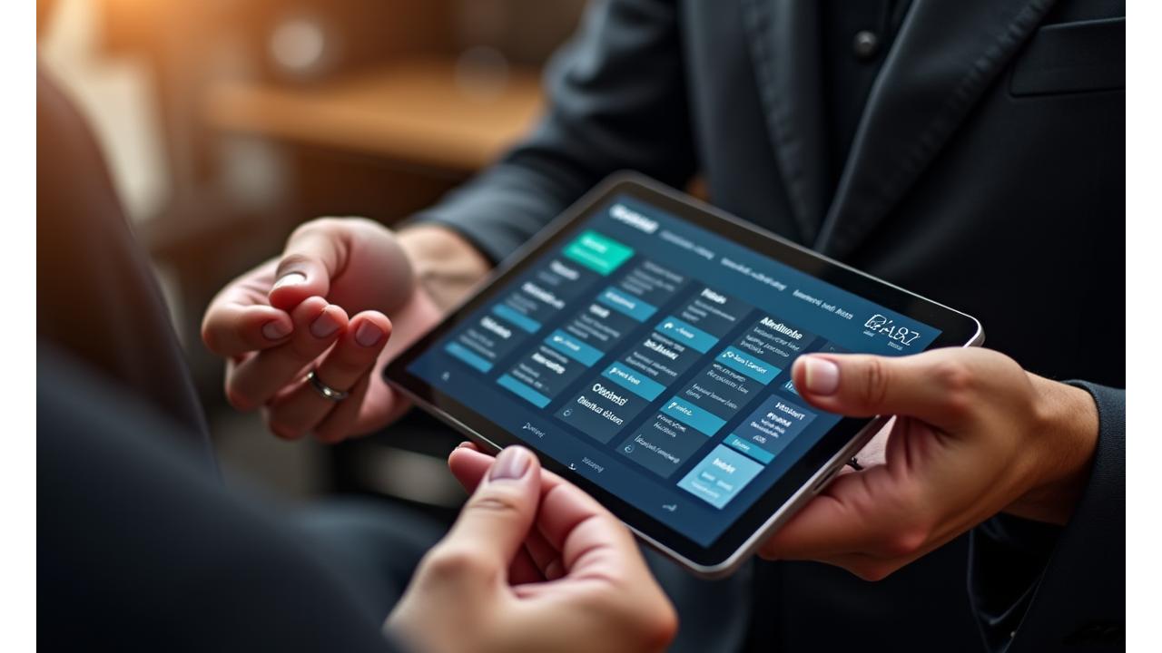 A digital calendar or booking interface on a tablet, with a barber's hands hovering over it, showing available slots for beard services.