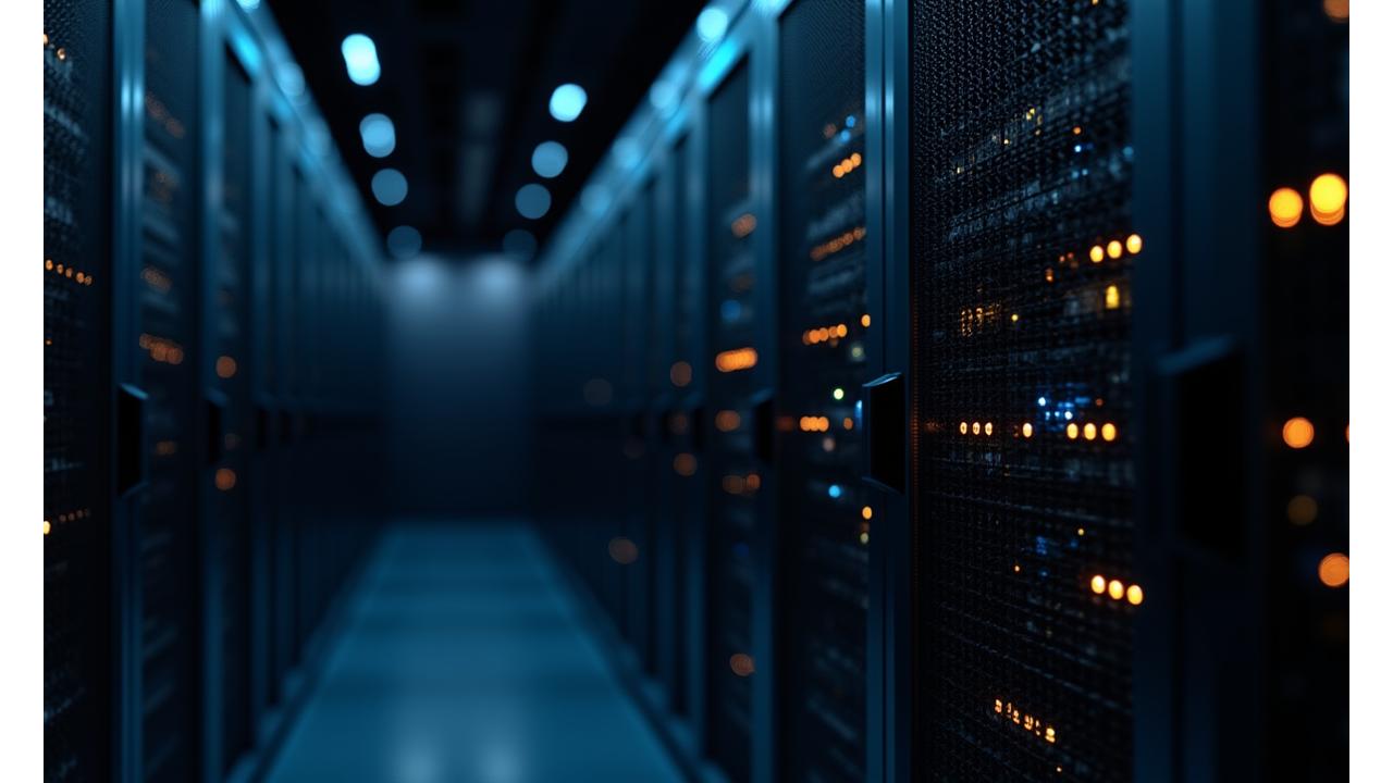 Close-up of a server rack with glowing lights in a dark, secure data center, symbolizing high-level digital security and data protection.